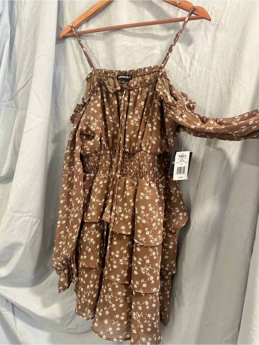 Harper Brown Floral Cold-Shoulder Tiered Ruffle Dress